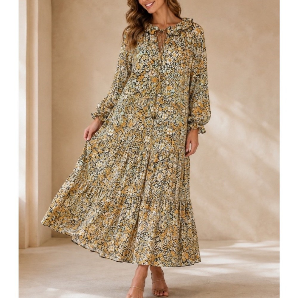 Free People Womens Floral Feeling Groovy Maxi Dress Size L Multi Tiered Boho